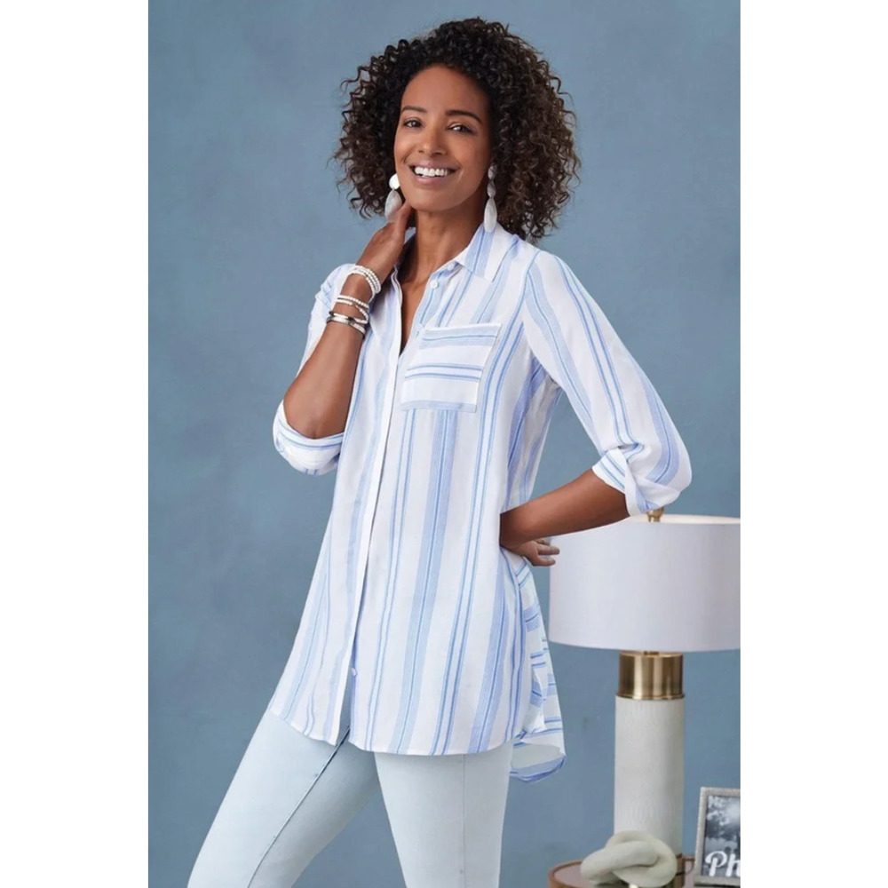 Soft Surroundings Shirt Womens S Small White Blue Ladson Striped Oversized Tunic - Picture 10 of 11